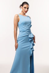 Ainsley Blue Elegant Sophisticated Dress High Slit Sleeveless Ruffle Detailing