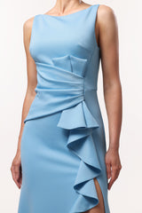 Ainsley Blue Ruffle Sleeveless High Slit Dress