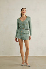 Ainsley Jacket & Shorts - Tweed - tone Buttons - Frayed Edge Detail - A - line Silhouette