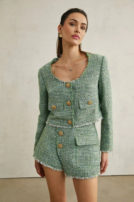 Ainsley Jacket & Shorts - Tweed - tone Buttons - Frayed Edge Detail - A - line Silhouette