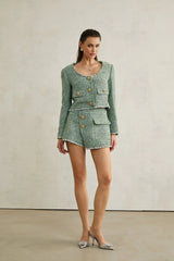 Ainsley Jacket & Shorts - Tweed - tone Buttons - Frayed Edge Detail - A - line Silhouette