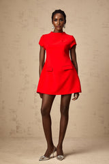 Ainsley Mini Dress - Crew Neck - Cap Sleeves - Cinched Waist - Faux Flap Pockets