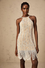 Ainsley Mini Dress – Spaghetti Straps – Fringed Edge – Crystal Embellishment