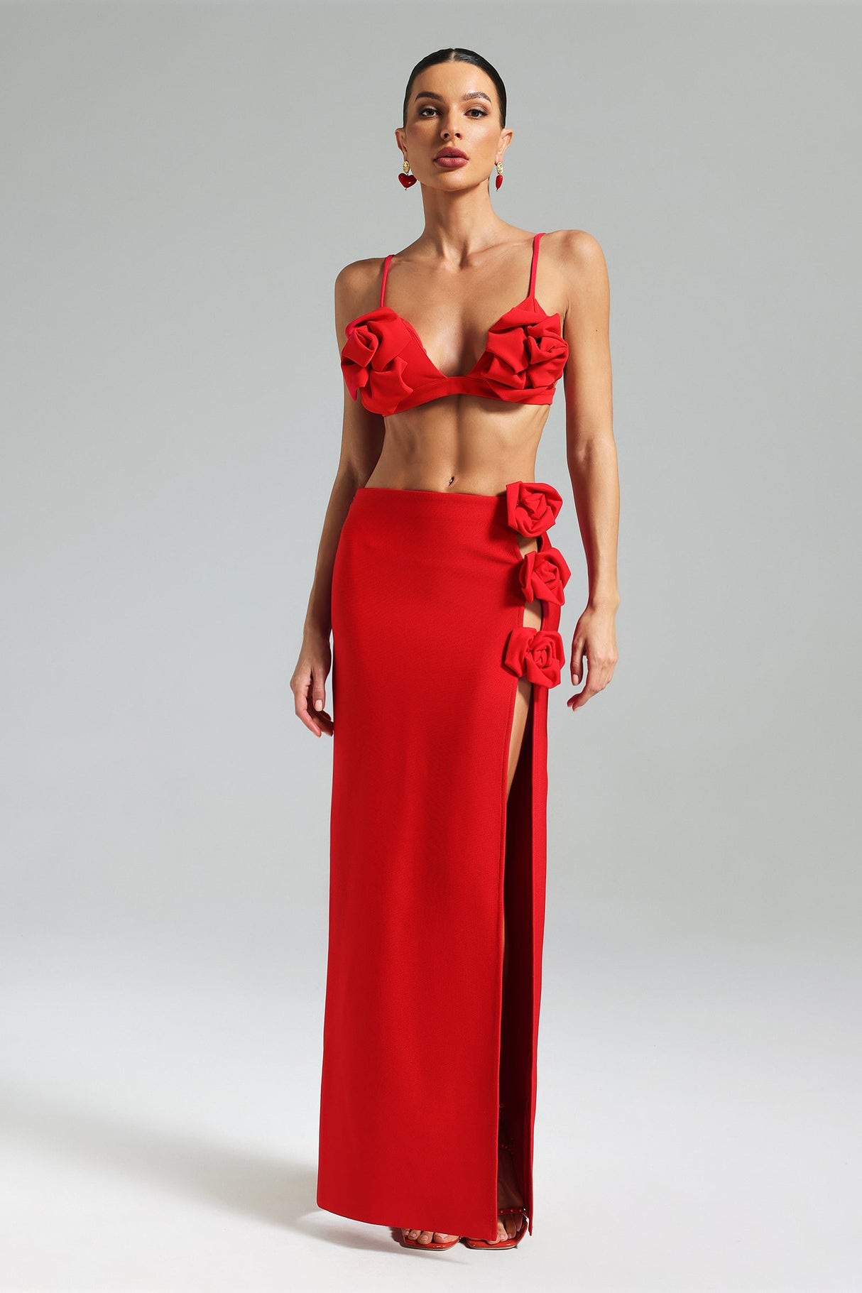 Ainsley Red Floral Rose Accents High Slit Structured Bodice Dress
