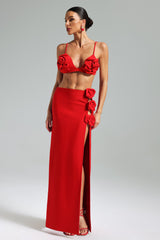 Ainsley Red Floral Rose Accents High Slit Structured Bodice Dress