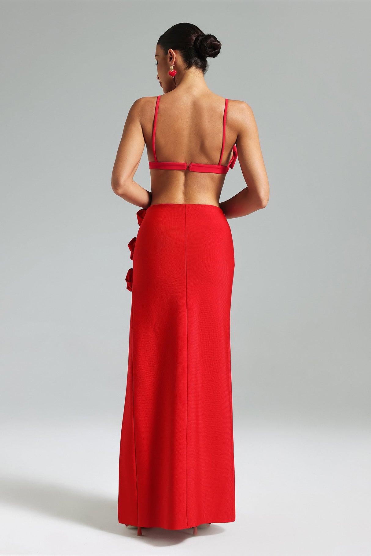 Ainsley Red Floral Rose Dress with High Slit and Structured Bodice for Women
