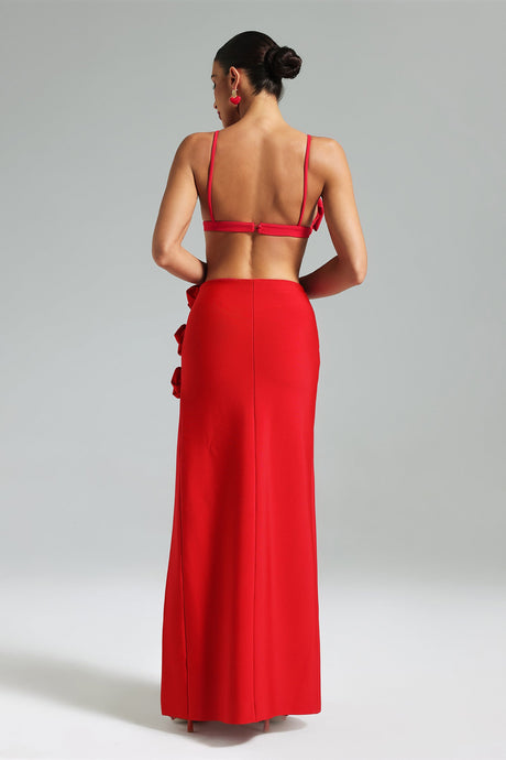 Ainsley Red Floral Rose Dress with High Slit and Structured Bodice for Women