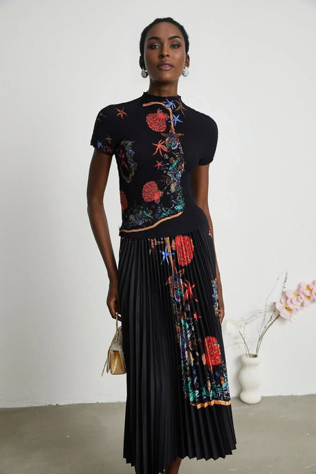 Ainsley Skirt & Top Set - Short Sleeves - Mock Neck - Pattern - Pleat Detailing