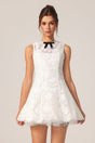 Ainsley White Lace Sleeveless Mini Dress with Black Bowknot