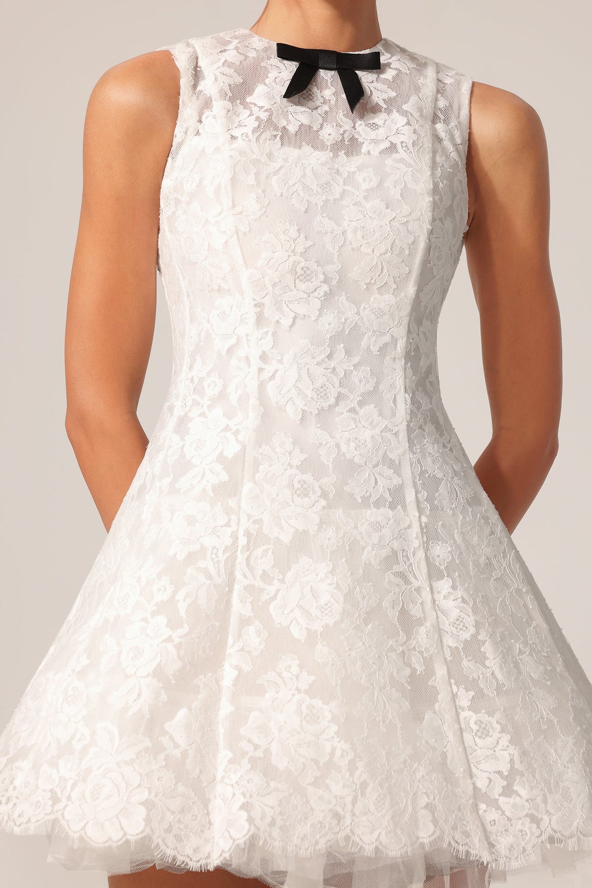 Ainsley White Lace Sleeveless Mini Dress with Black Bowknot