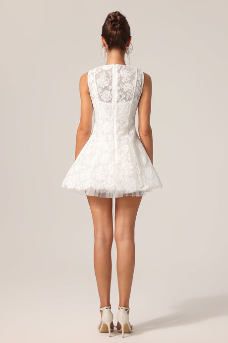 Ainsley White Lace Sleeveless Mini Dress with Black Bowknot