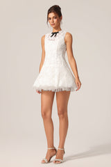 Ainsley White Lace Sleeveless Mini Dress with Black Bowknot