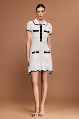 Ainsley White Lapel Mini Dress with Contrast Trim and Pockets