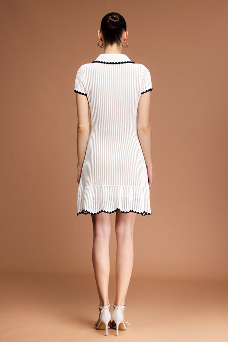Ainsley White Lapel Mini Dress with Contrast Trim and Pockets