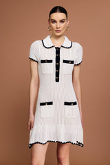Ainsley White Lapel Neckline Mini Dress with Contrast Trim and Pockets