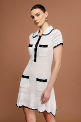 Ainsley White Lapel Neckline Mini Dress with Contrast Trim and Pockets