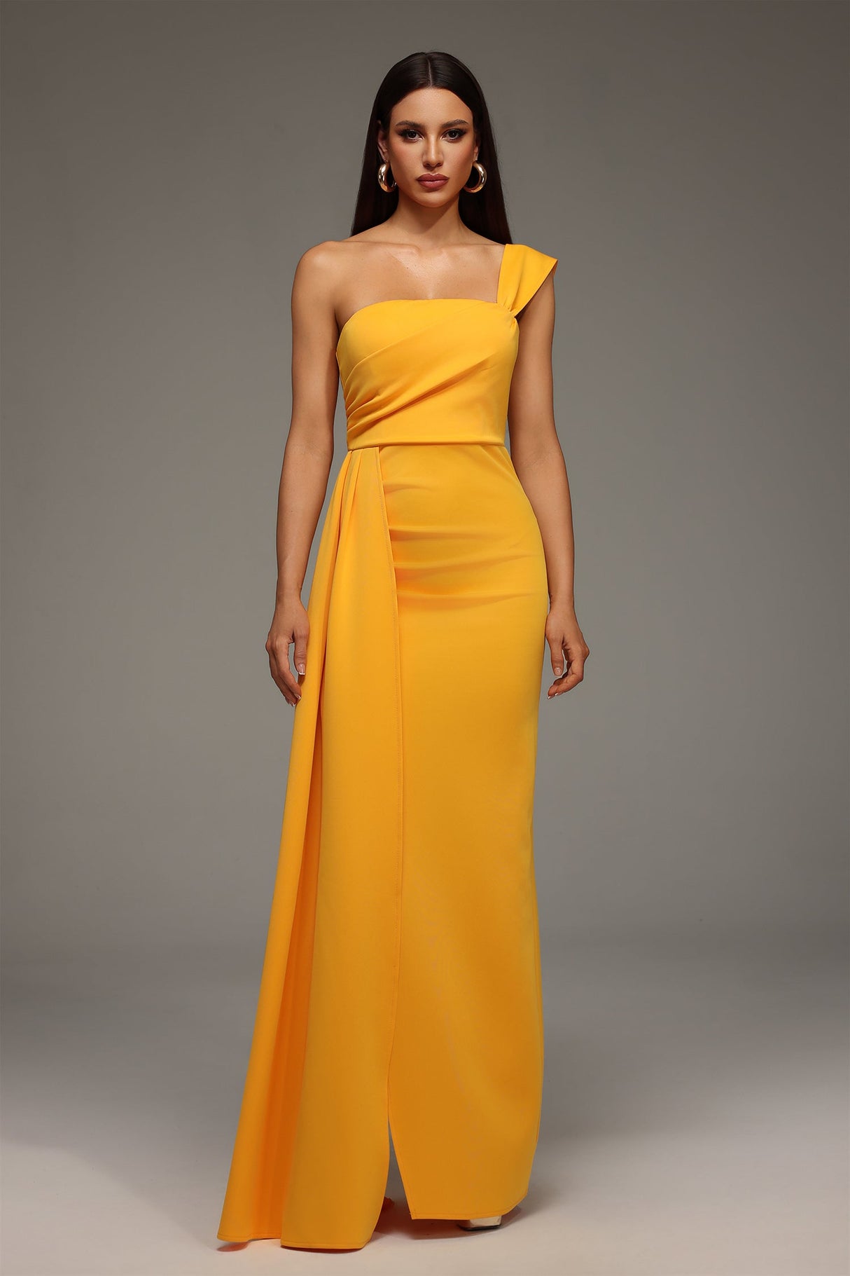 Ainsley Yellow One-Shoulder Dress Luxurious Fabric Elegant Silhouette Wedding Gala Formal Evening