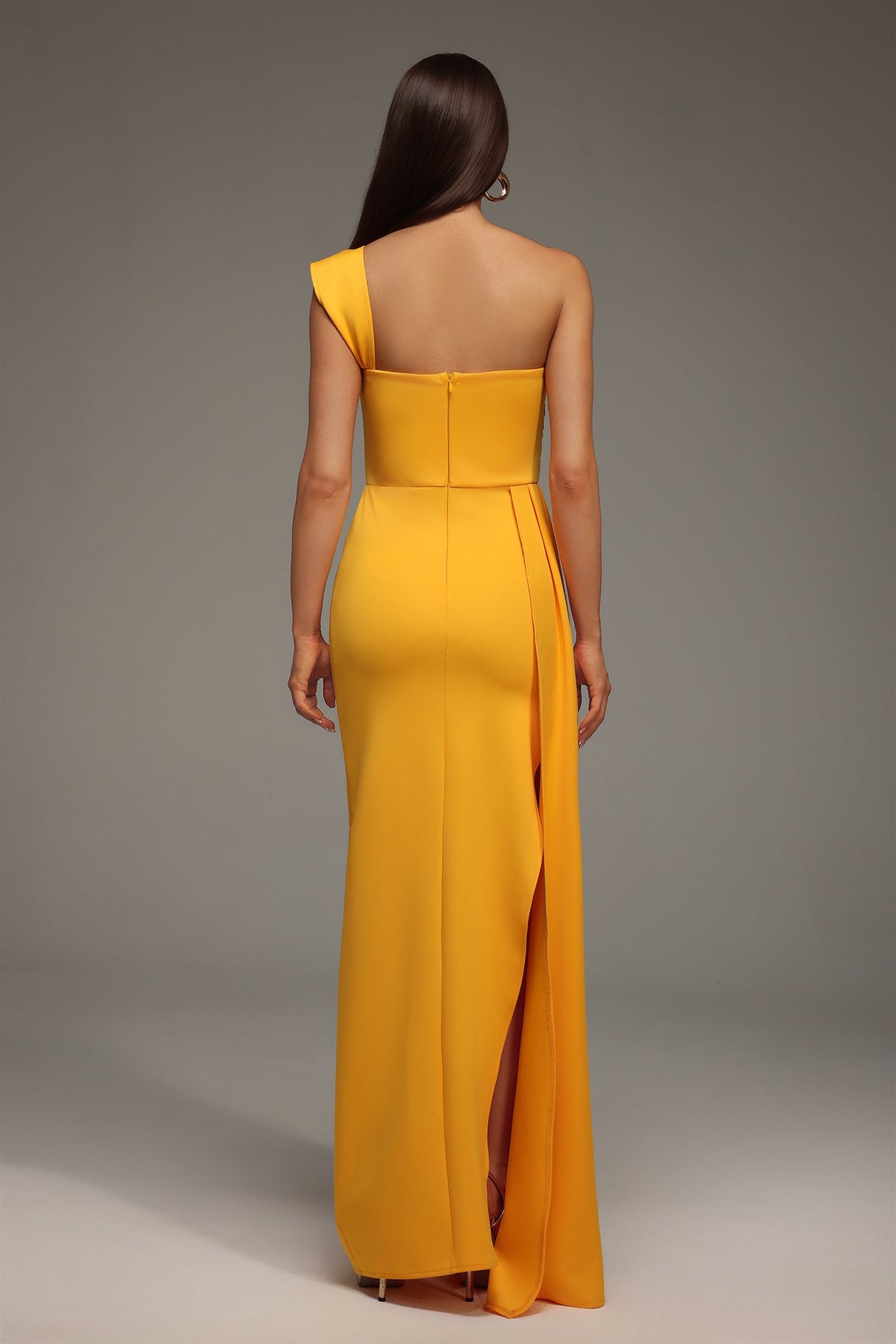Ainsley Yellow One-Shoulder Dress Elegant Sophisticated Luxurious Fabric Flattering Fit Slit Detailing Vibrant Hue Statement Wedding Gala Confidence Style