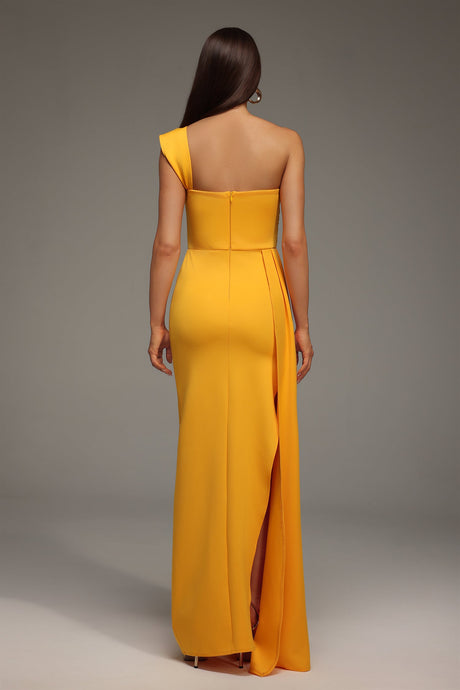 Ainsley Yellow One-Shoulder Dress Elegant Sophisticated Luxurious Fabric Flattering Fit Slit Detailing Vibrant Hue Statement Wedding Gala Confidence Style