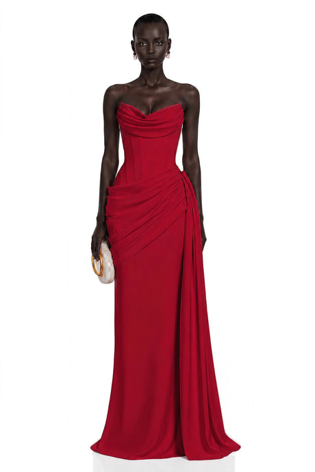 Aisha Red Strapless Ruched Maxi Dress