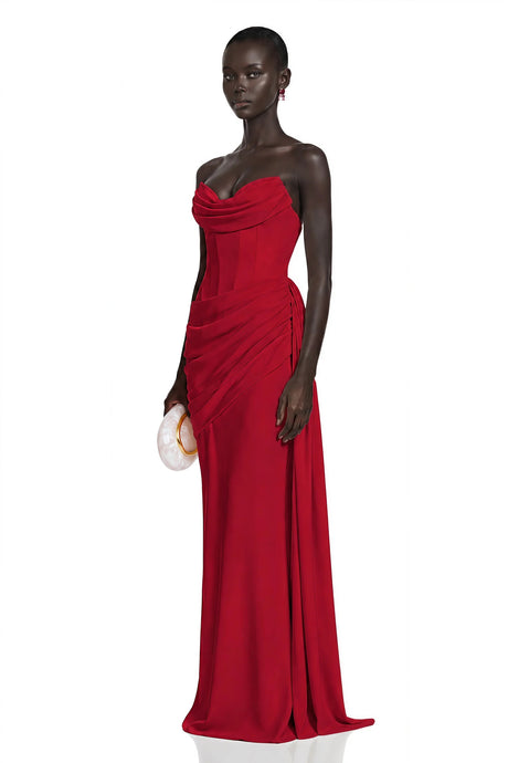 Aisha Red Strapless Ruched Maxi Dress