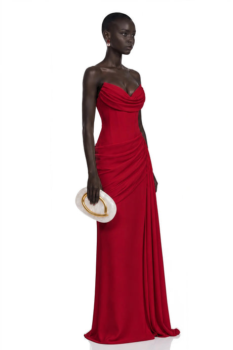 Aisha Red Strapless Ruched Maxi Dress