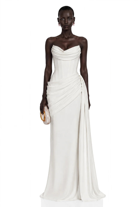Aisha White Strapless Ruched Maxi Dress