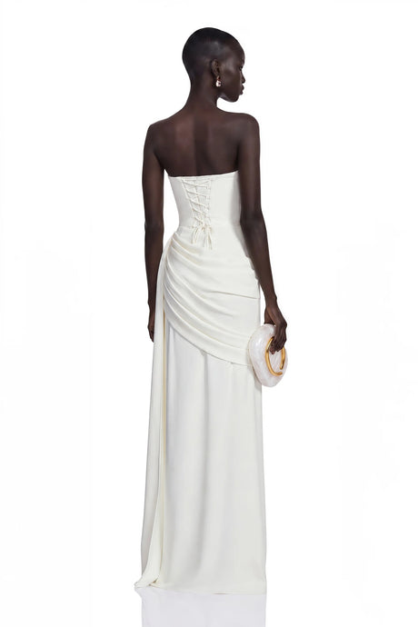 Aisha White Strapless Ruched Maxi Dress