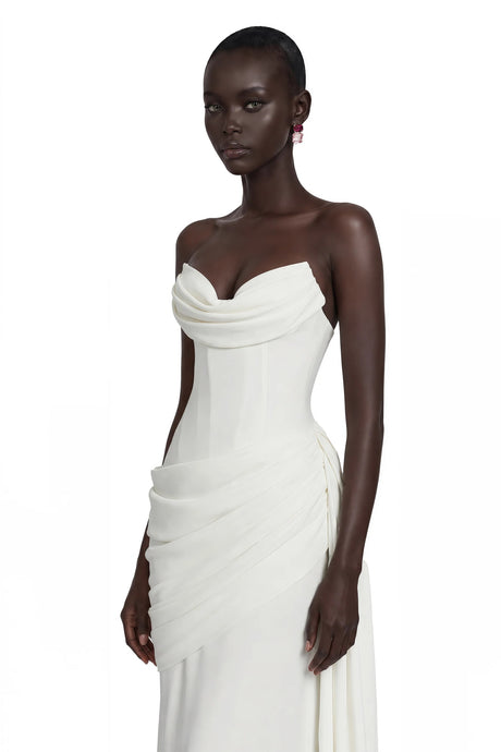 Aisha White Strapless Ruched Maxi Dress