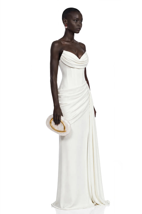 Aisha White Strapless Ruched Maxi Dress