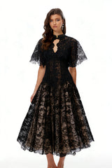 Alaia Black Cape Design Floral Lace Midi Dress