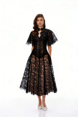 Alaia Black Cape Design Floral Lace Midi Dress