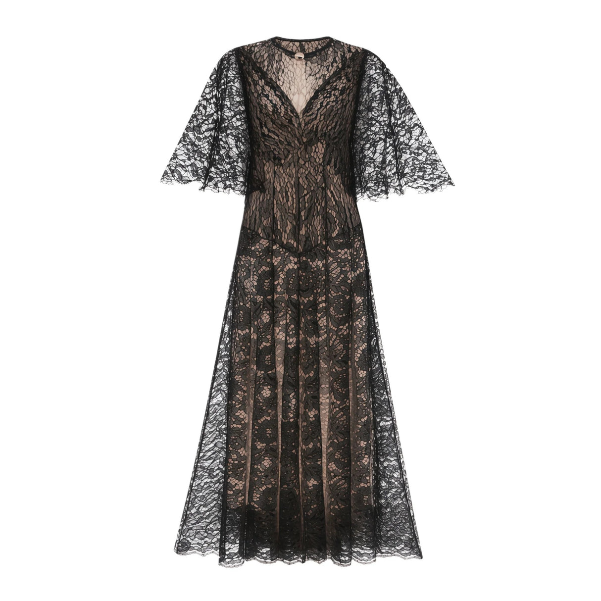 Alaia Black Cape Design Floral Lace Midi Dress
