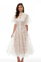 Alaia White Cape Design Floral Lace Midi Dress