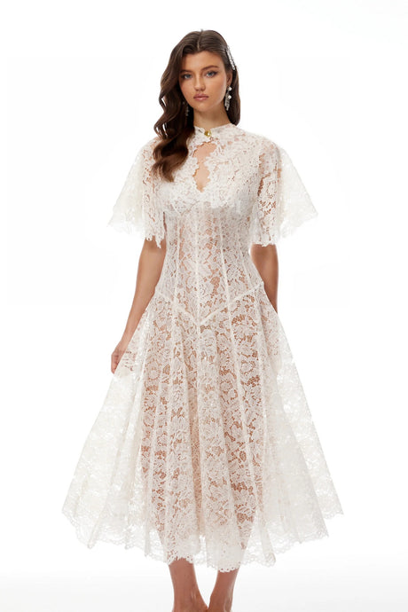 Alaia White Cape Design Floral Lace Midi Dress