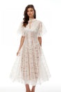 Alaia White Cape Design Floral Lace Midi Dress