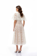 Alaia White Cape Design Floral Lace Midi Dress