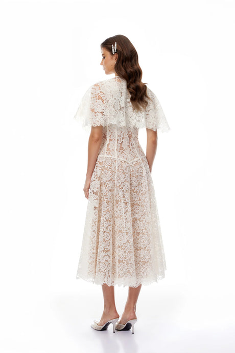 Alaia White Cape Design Floral Lace Midi Dress