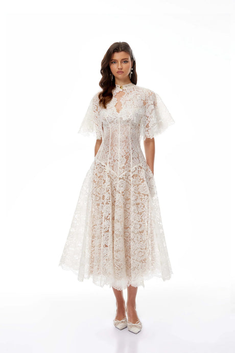 Alaia White Cape Design Floral Lace Midi Dress