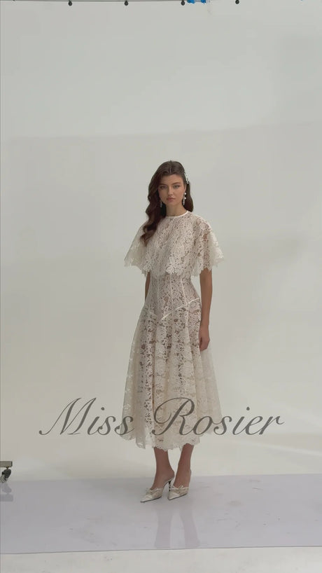 Alaia White Cape Design Floral Lace Midi Dress