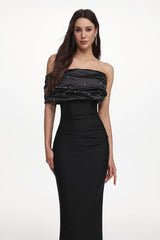 Alana Black Off-Shoulder Pleated Rhinestone Maxi Dress