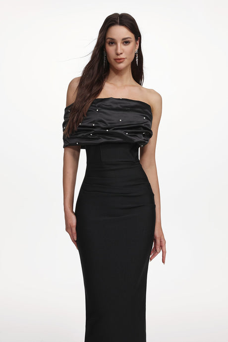 Alana Black Off-Shoulder Pleated Rhinestone Maxi Dress