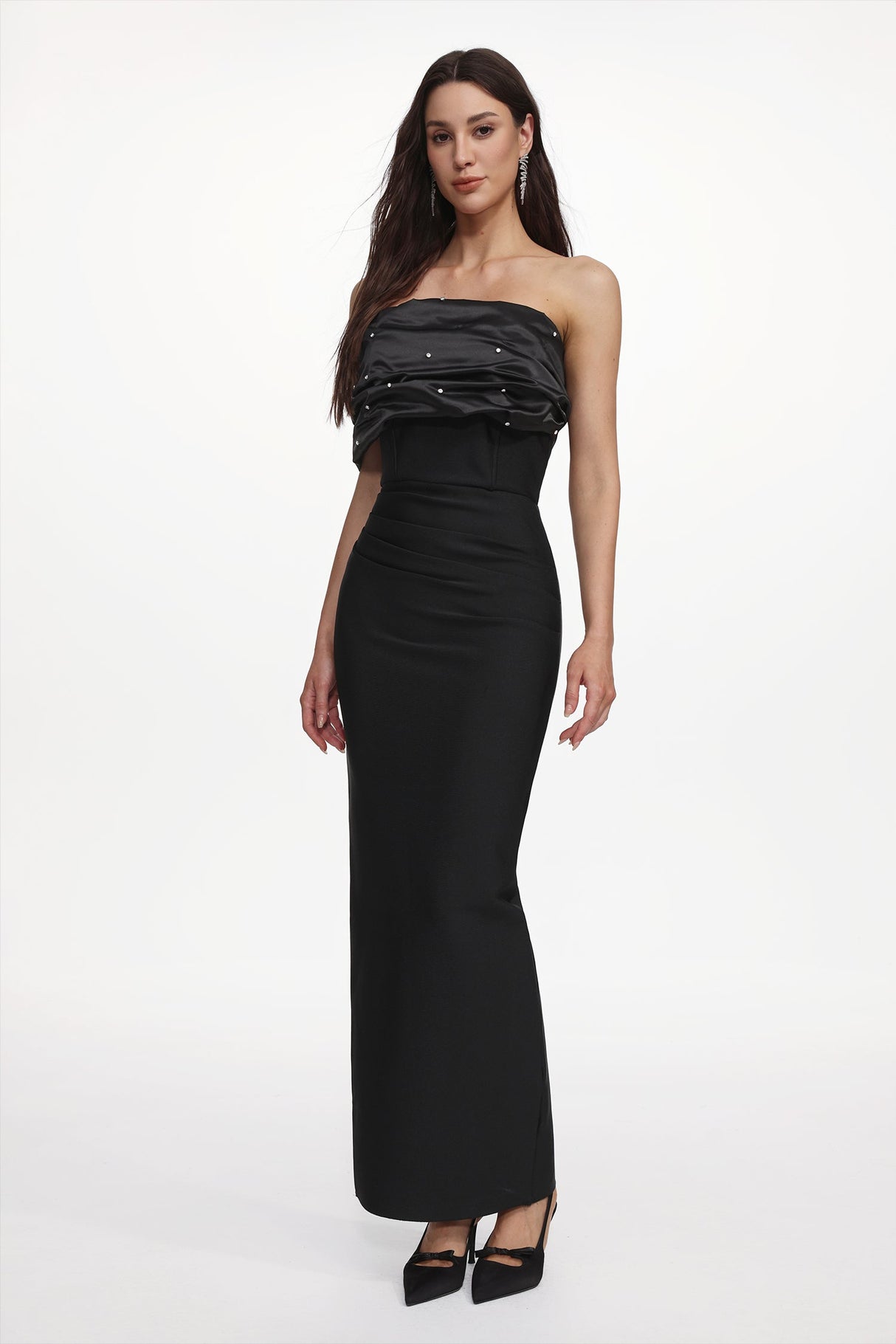 Alana Black Off-Shoulder Pleated Rhinestone Maxi Dress