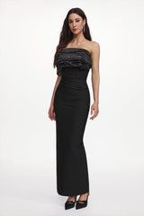 Alana Black Off-Shoulder Pleated Rhinestone Maxi Dress