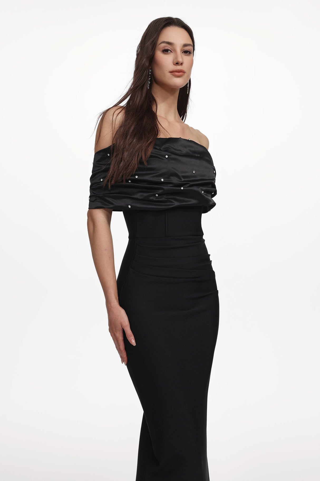Alana Black Off-Shoulder Pleated Rhinestone Maxi Dress