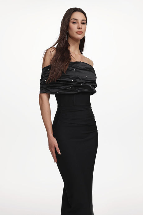 Alana Black Off-Shoulder Pleated Rhinestone Maxi Dress