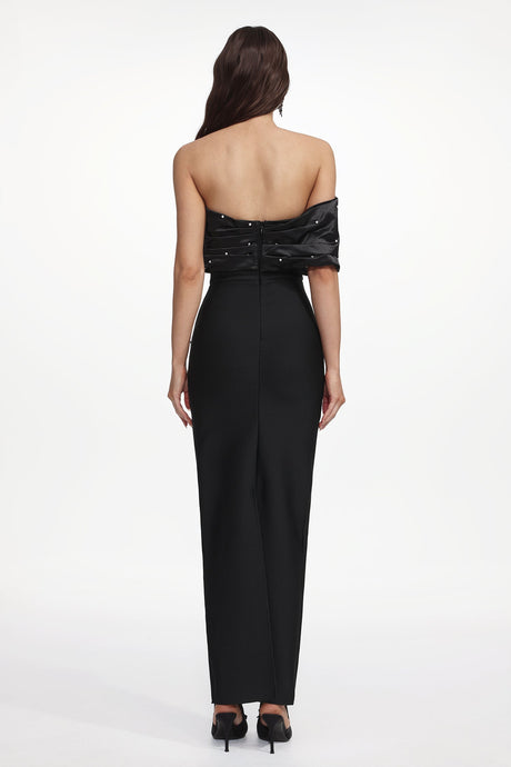 Alana Black Off-Shoulder Rhinestone Pleated Maxi Dress