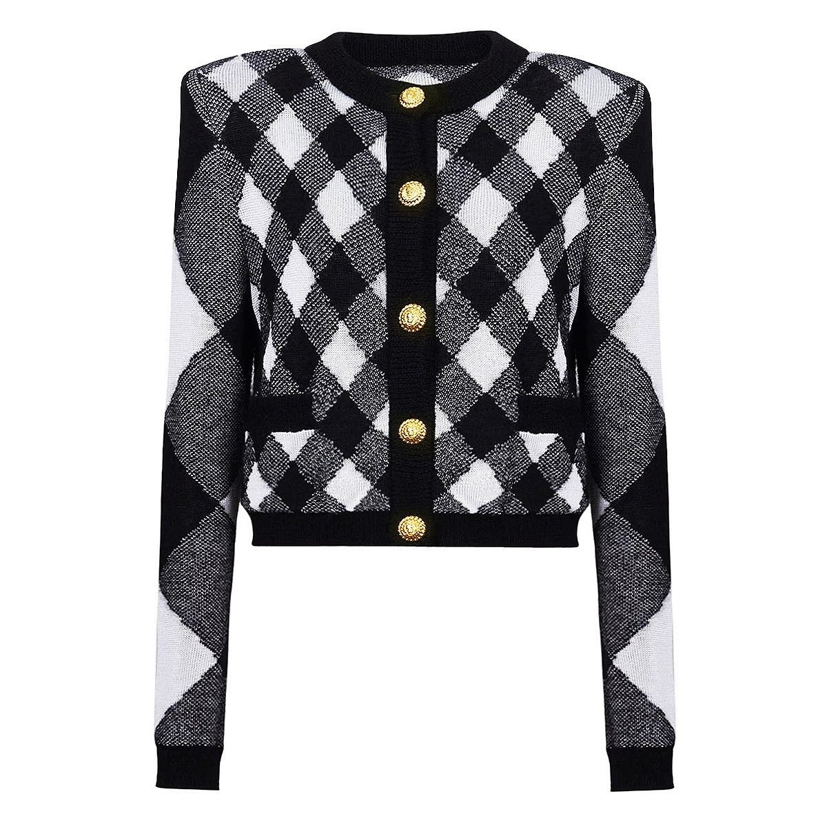 Alba Cardigan - Cropped Length - Argyle Pattern - Tailored Fit - Golden Buttons - Soft Knit Fabric