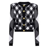 Alba Cardigan - Cropped Length - Argyle Pattern - Tailored Fit - Golden Buttons - Soft Knit Fabric