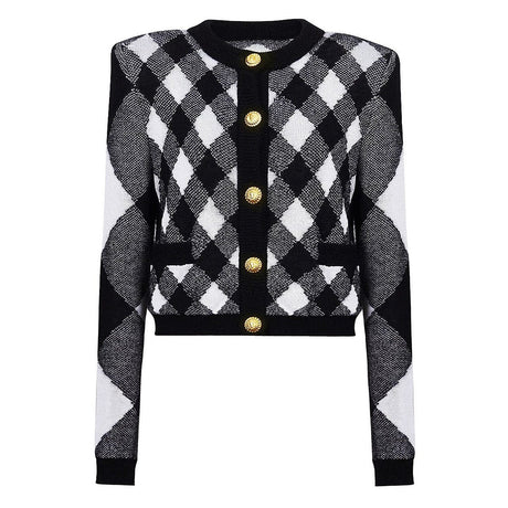 Alba Cardigan - Cropped Length - Argyle Pattern - Tailored Fit - Golden Buttons - Soft Knit Fabric